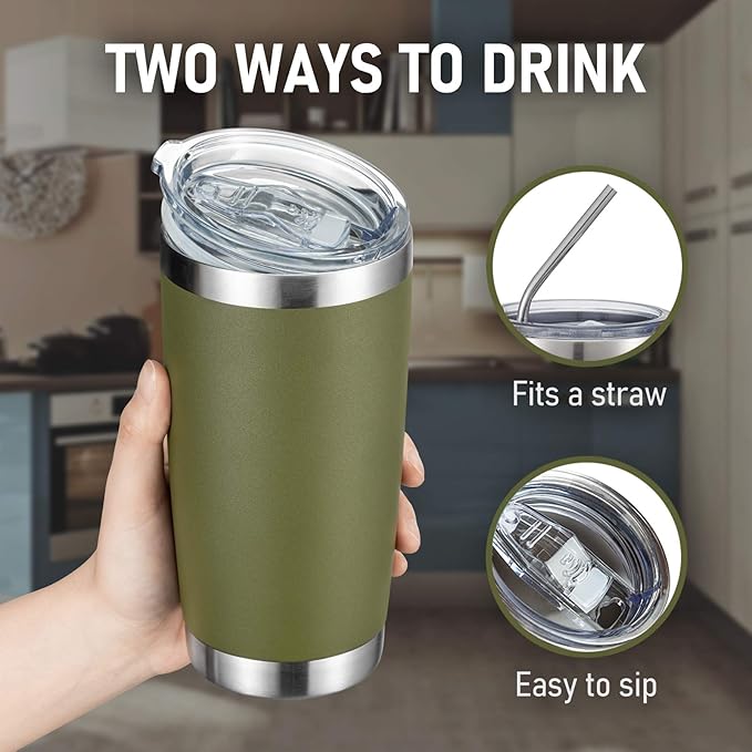 COMOOO 20oz Double Wall Vacuum Insulated Travel Mug, Stainless Steel Tumbler with Lid and Straw Durable Powder Coated Insulated Coffee Cup for Cold & Hot Drinks (Army Green, 12 pack