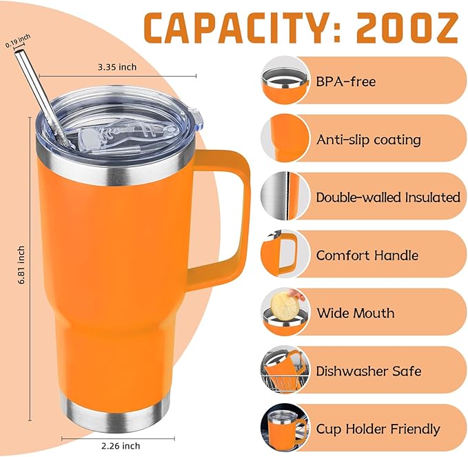 20 oz Tumbler with Handle Stainless Steel Insulated Coffee Mug Tumbler with Lid and Straw Double Wall Vacuum Insulated Coffee Mug Leak Proof Travel Mug Tumbler for Hot and Cold Drink (Mix Color-8)