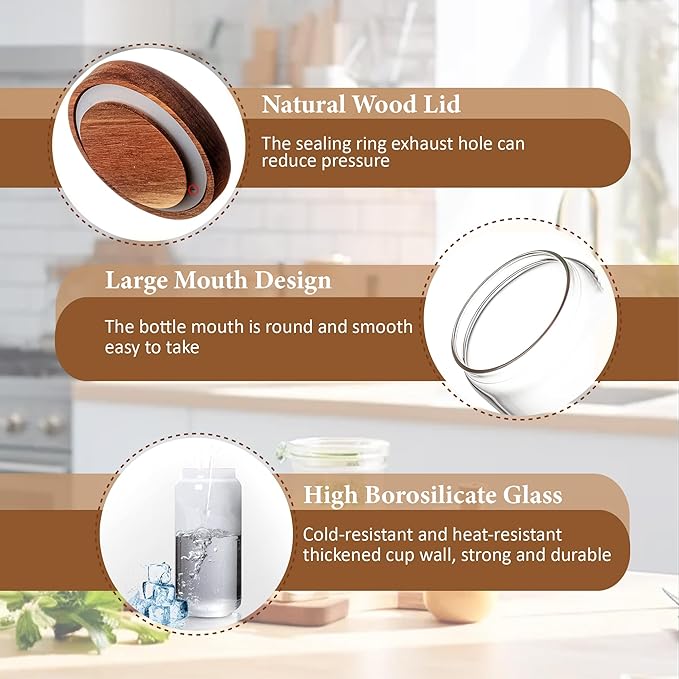 720ML/24Oz Clear Cute Glass Storage Canister Holder with Stackable Airtight Wood Lid, Modern Decorative Container Jar for Coffee, Spice, Candy, Salt, Cookie, Condiment, Pepper, Sugar
