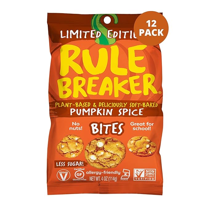Rule Breaker Vegan & Gluten-Free Cookies | Pumpkin Spice Bites | Plant-Based, Dairy, Nut, Soy, Allergen Free, Kosher | Soft-Baked School Snacks for Kids and Adults | Better-For-You Bites (Pack of 12)
