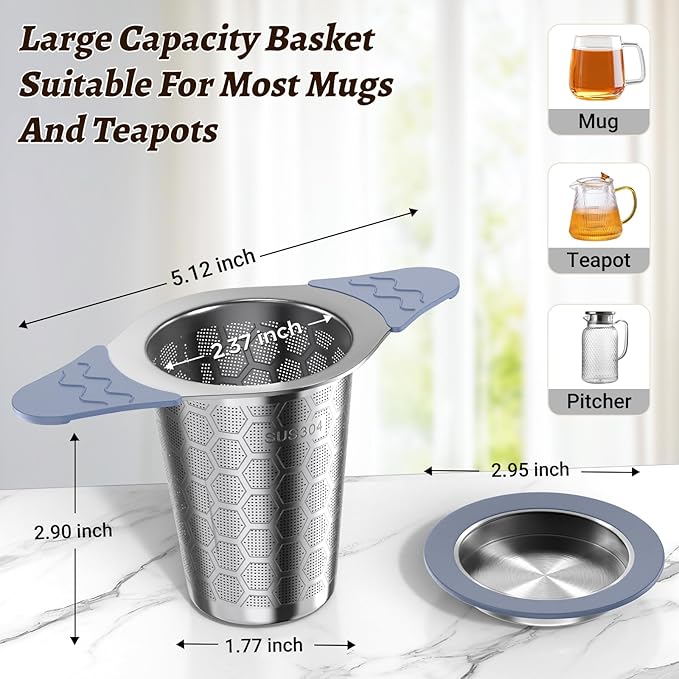 2PCS Tea Infuser for Loose Leaf Tea,Stainless Steel Tea Infuser with Heat Proof Silicone Handles,Extra Fine Mesh Tea Strainers Filter Fine Tea Leaves Effectively,Fits TeaPots/Mugs