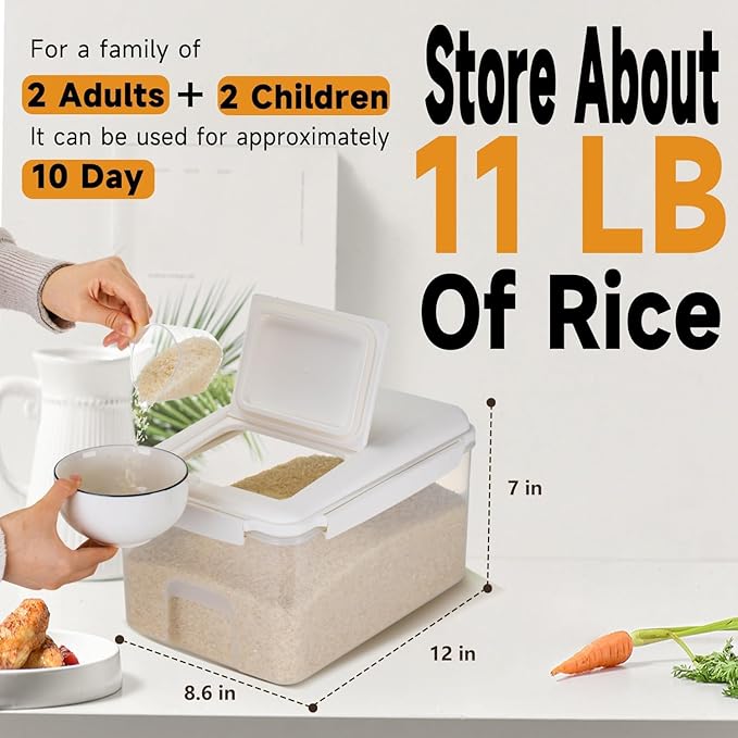 10 lbs Cereal Containers Storage - Airtight Flour Storage Container with Lids & 10 lbs Rice Dispenser, BPA Free Pantry Containers for Sugar and Cereal, White