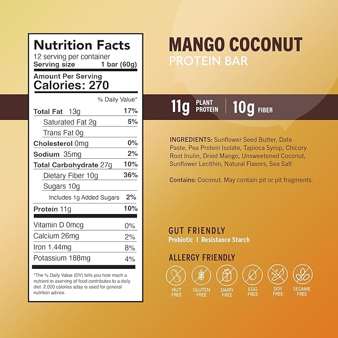 Amrita Nut Free Mango Coconut Vegan Protein Bars (12 Count) | 11g Plant-Based Protein Bar | Peanut Free, Gluten Free, and Dairy Free | Low Sugar, High Fiber, Healthy School-Safe Snacks