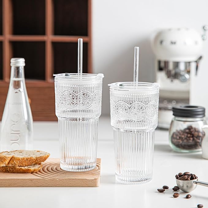 INSETLAN 20oz Ribbed & Floral Glass Tumblers with Lids and Glass Straws, Set of 4 – Iced Coffee Cups, Reusable Drinking Glasses for Water, Smoothies, Tea, and Juice – Perfect for Travel & Daily Use