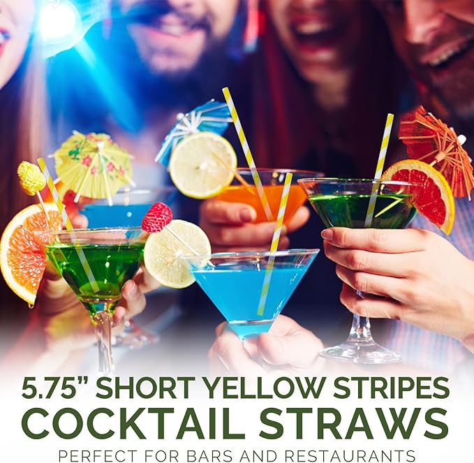 5.75 inch Short Yellow Paper Drinking Straws for Cocktail, Coffee, Mixed Drinks, 500 Counts - Compostable