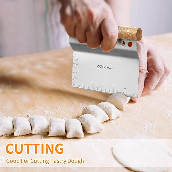 ALLTOP Dough Bench Scraper/Cutter/Chopper Stainless Steel Blade with Herb Stripper,Multipurpose Kitchen Pastry Tool with Scale Ruler - Leaf Remover - 1 Pack