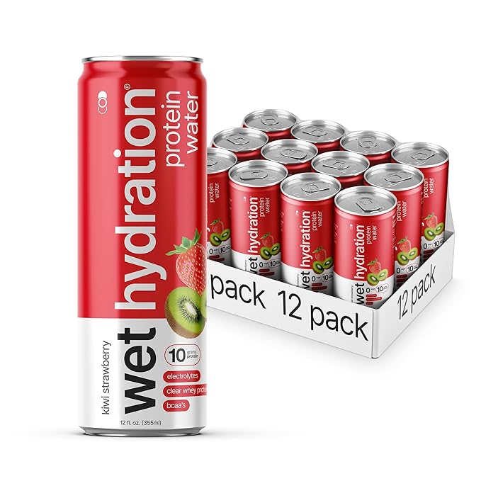 Wet Hydration Protein Water | Electrolyte Drink with Clear Whey Protein & BCAAs - Kiwi Strawberry Flavor (12oz Cans, Pack of 12) | Zero Sugar, 10g Protein, Low Calorie, Functional Hydration