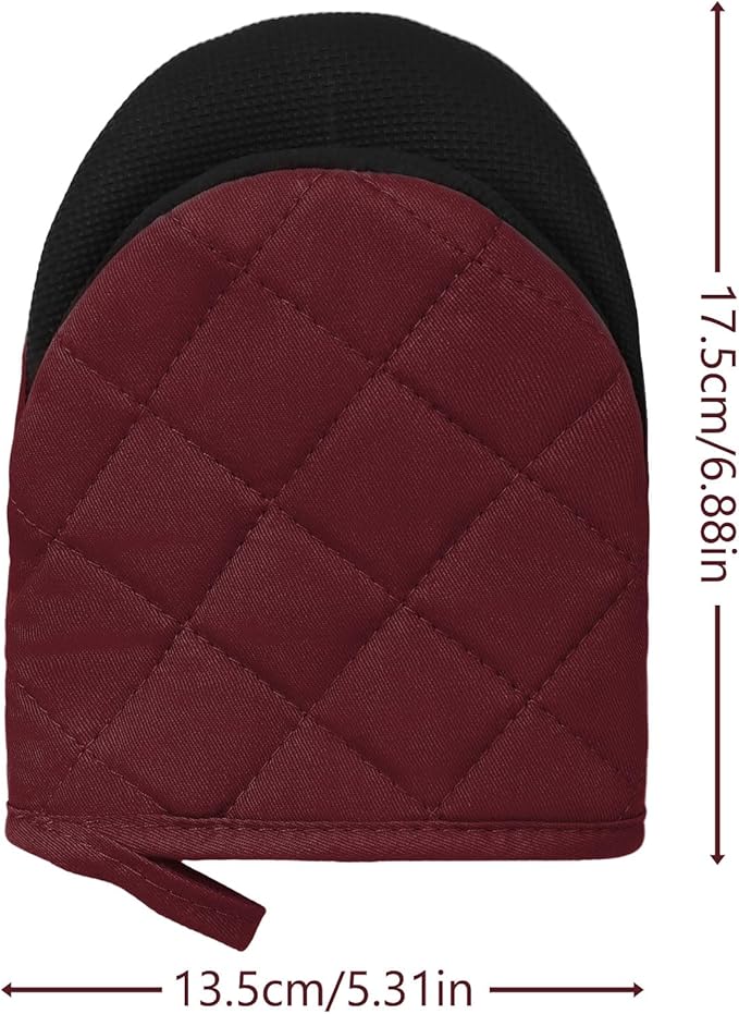 1 Pair Short Oven Mitts, Heat Resistant Silicone Kitchen Mini Oven Mitts for 500 Degrees, Non-Slip Grip Surfaces and Hanging Loop Gloves, Baking Grilling Barbecue Microwave Machine Washable