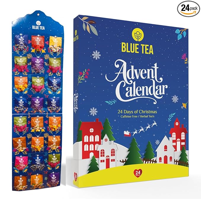 BLUE TEA - Advent Calendar 2025 (Blue) - 24 Tea Bags - Plant Based - 24 Unique Tea | Limited Edition | Sampler & Variety Pack | Caffeine Free - Herbal Tea - Christmas Holiday Unique Advent Calendar Tea Gift Set | Gift Idea for Men and Women