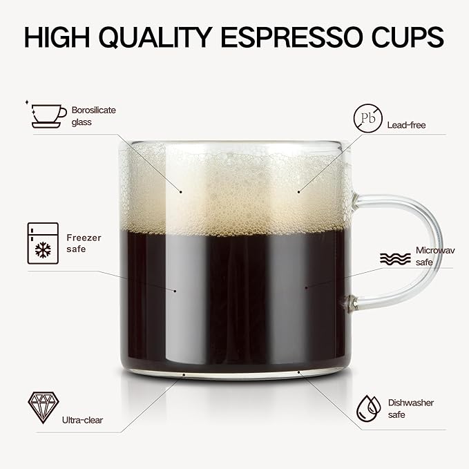 4-Pack 4oz Espresso Cups Espresso Shot Glasses with Handle, Small Glass Coffee Cups, Espresso Mugs Demitasse Cups Cappuccino Cup for Hot or Cold Latte, Tea, Microwave Dishwasher Safe