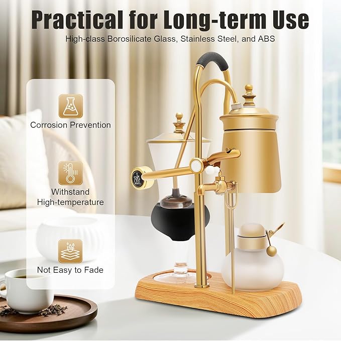 Belgium Siphon Coffee Maker, Family Balance Syphon Unique Gravity Vintage Coffee Maker, Elegant Double Ridged Fulcrum with Tee Handle, Vintage Classic Retro Coffee Pot
