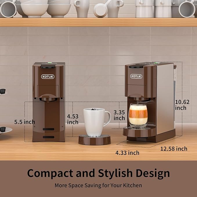 KOTLIE 5in1 Espresso Machine, Single Serve Coffee Maker for NES* Original/KEU* K*cup/D*olce G*usto/Ground Coffee/illy 44mm ESE, Cold&Hot Brew, Level 7 watervolume, 19Bar, 1450W Coffee Machine