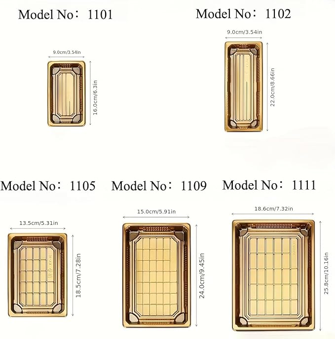 10 Pack Gold Rectangular Sushi Containers with Clear Lids – Disposable Plastic Food Boxes for Party, Takeout & Catering – Elegant, Stackable Trays for Sushi, Snacks & Desserts(Model No.1101)