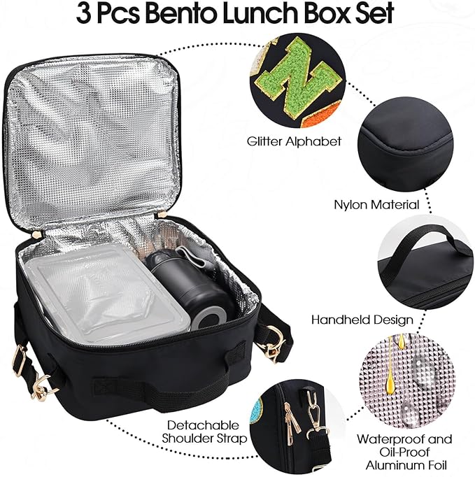 Insulated Lunch Bag for Boys Girls with 10oz Thermo, with 6 Compartment Bento Box, Black Nylon Preppy Lunch Box Adjustable Strap for Boy Girl Kids Teens School Travel Picnic