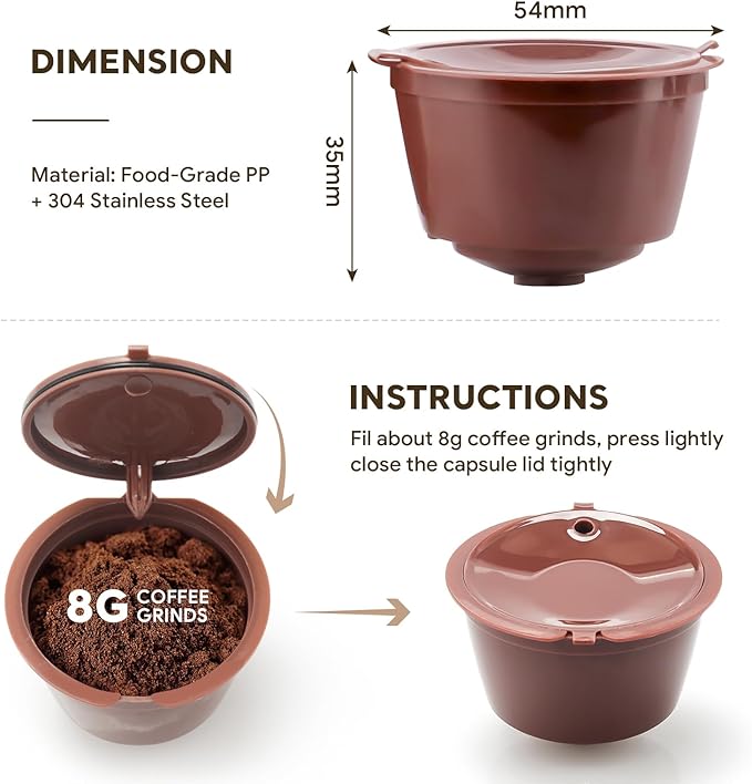 BRBHOM 6 Refillable Coffee Capsule Reusable Coffee Filter Compatiable with Do l*e Gu*to (coffee capsule 6 pcs Brown)