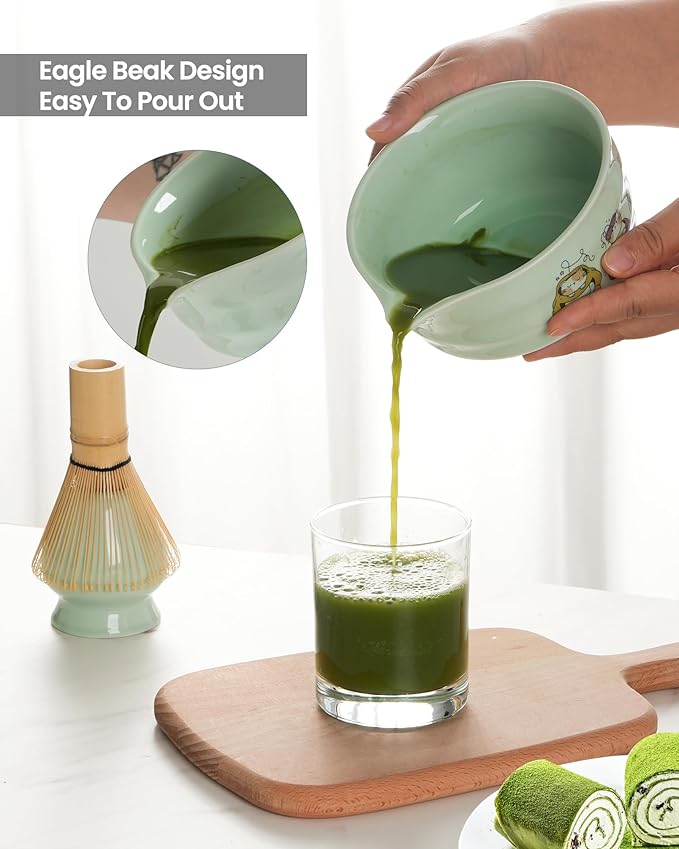 Matcha Whisk Set, 7 Pcs Japanese Matcha Kit with Ceramic Cat Print Bowl-430ml/15oz, Bamboo Whisk & Holder, Scoop, Scoop Rest, Sifter & Tea Towel, Complete Matcha Tea Set for Beginners-Green