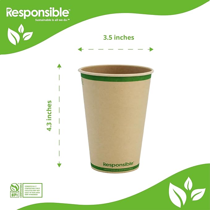 Certified Compostable 12 oz Paper Cups, Cold ＆ Hot Coffee Cups, Disposable Paper Cups, Extra Strength Disposable Cups, Made without PFAS (50 count)