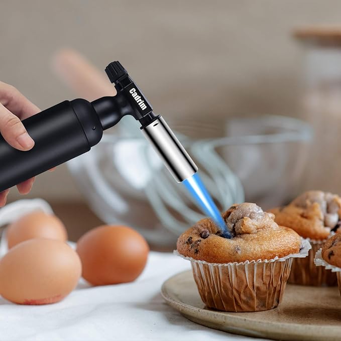 Cadrim Butane Torch, Refillable Pro Culinary Blow Torch Double Fire Cooking Torch and Small Adjustable Flame Kitchen Torch for Creme Brulee, Baking BBQ (Jat black)
