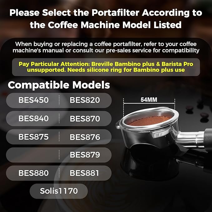 IKAPE Espresso 54mm Portafilter, Coffee Portafilter with Silicone Handle, Fits 54mm Breville Barista Series BES870/878/880 Machine & Solis Barista Machines, with16g Capacity Filter Basket