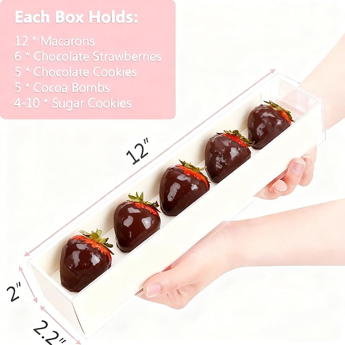 20Pack 12x2.25x2 Inches Chocolate Covered Strawberries Boxes for 6, Macaron boxes for 12, Long Box for Cocoa Bombs,Cookies,Truffle,Cake Ball