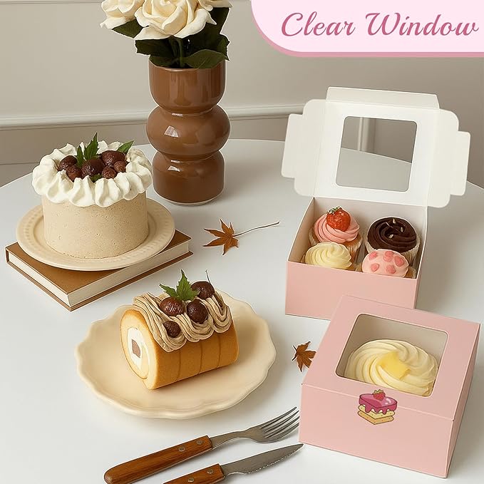OAMCEG 80 Pack Cookie Boxes with Window, 6x6x3 Inches Pink Cupcake Boxes, Bakery Treat Boxes with Stickers & Twine for Pastry, Desserts, Strawberries, Cupcakes, Gift Giving