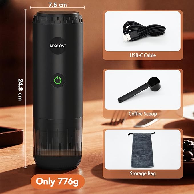 Portable Espresso Maker| Electric Coffee Machine-Travel Coffee Maker Self-Heating with USB-C, Compatible with Capsules & Ground Coffee for Camping, RV & Office