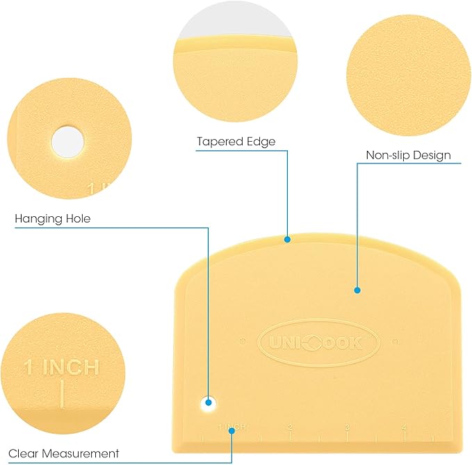 Unicook Dough Scraper, Flexible Bowl Scraper, Pastry Cutter with Measuring Scale, Nonslip Pizza Chopper, Multipurpose Baking Tool for Pizza/Dough/Cake, Easy to Clean, 2 Pack