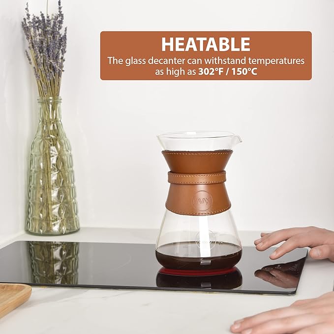 Pour Over Coffee Maker Set with Double-Layer Stainless Steel Filter, Coffee Dripper, Cork Lid and Leather Collar Holder - High Heat Resistance Borosilicate Glass Carafe, Great Gift Idea (37 oz)