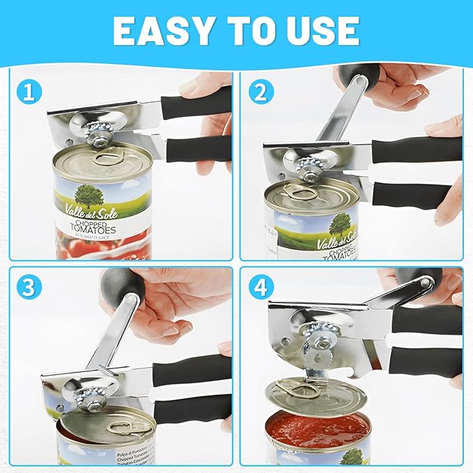 Commercial Can Opener,Stainless Steel Heavy Duty Hand Crank Can Openers with Comfortable Extra-long Handles,Ergonomic Design,Black