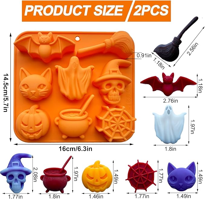2 Pack Halloween Chocolate Candy Silicone Mold Halloween Molds Ghost Pumpkin Bat Skull Witch Hat Gummy Fondant Baking Mold for DIY Ice Cube Sugar Halloween Party Cupcake Cake Decorating