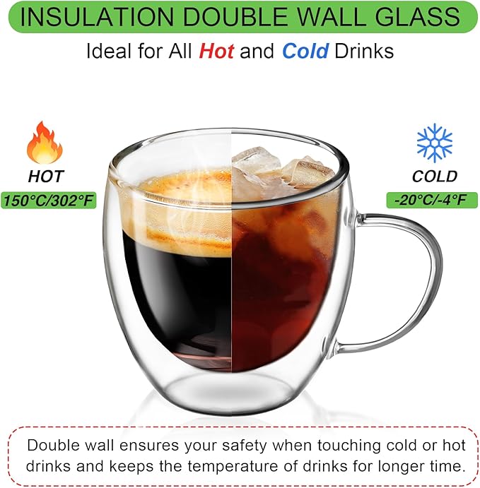 Glass Coffee Cups Set of 4, 8.5oz Double Walled Glass Mugs with Handles, Clear Insulated Coffee Mug Espresso Cups, Cappuccino Latte Tea Cups Set, Heat Resistant Borosilicate Clear Glasses
