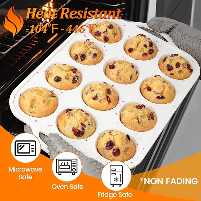 CAKETIME Silicone Muffin Pan, Metal Reinforced Frame Silicone Cupcake Pan Easy to Handle 12 Cups for Valentine's Day Baking Nonstick Regular Size Muffin Tin 1 Pack Love Heart