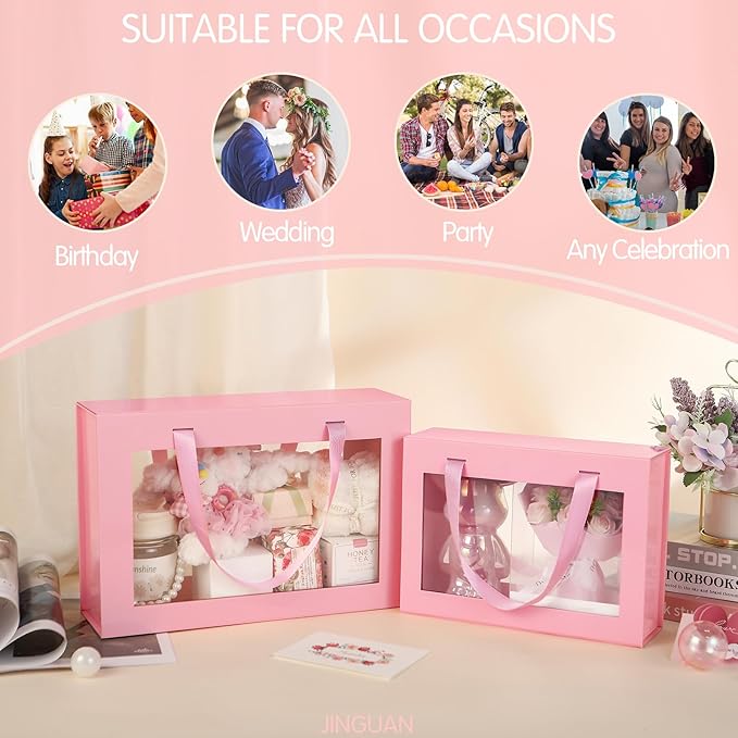 Large Pink Clear Gift Boxes, 13.5x9x4.1 Inches Gift Boxes with Windows by Handles, Bridesmaid Proposal Boxes, Collapsible Gift Boxes with Magnetic Closure (Glossy Pink, 5 Pack)