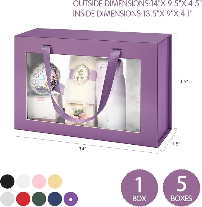 Large Purple Clear Gift Box, 13.5x9x4.1 Inches Gift Box with Window by Handle, Bridesmaid Proposal Box, Collapsible Gift Box with Magnetic Closure (Glossy Purple, 1 Pack)