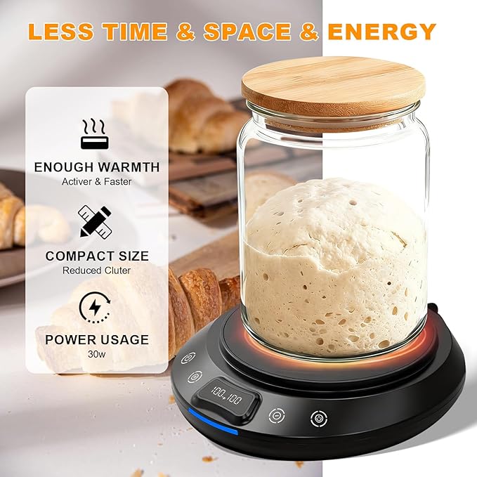 Sourdough Starter Warmer Set – Precise 1°F Thermostat (70-120°F), 24H Timer, Smart Memory Warming On/Off - Fits Jars Up to 40oz, Sourdough Kit for Home Baking (Black)