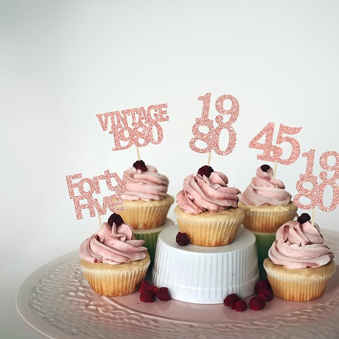 Gyufise 24Pcs 45th Birthday Cupcake Toppers Glitter Cheers to 45 Fabulous Forty Five Vintage 1980 Cupcake Picks 45th Birthday Wedding Anniversary Party Cake Decorations Supplies Rose Gold