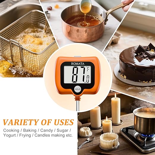 BOMATA Candy Thermometer with Pot Clip, Instant Read Cooking Thermometer with 8" Long Probe, Rotating Display, for Candy Making, Food, Candle Making, Liquids, Water, Baking, Sugar, Grilling. Orange