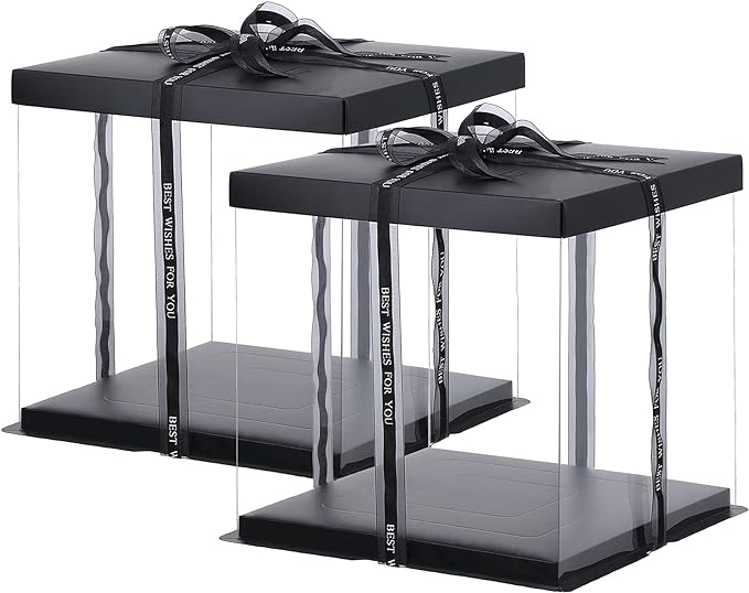 XININSUN 2Pcs Large Cake PET Clear Box, 10" X 10" X 9" with ribbon and pre-folded lid, for 8" cake packing carry, baking cookie display, Carry Tall Layer Gift, Festive Gift Box -Black