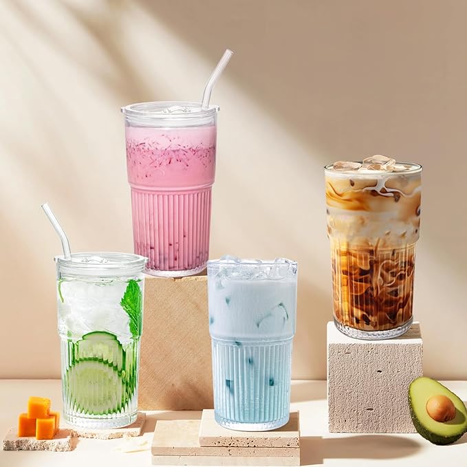 18.5oz Glass Cups with Lids and Straws - Set of 2 Reusable Tumblers, Thickened Shatter-Resistant Glass, Ideal for Iced Coffee, Smoothies, Cocktails, Juices - Elegant & Durable Drinkware