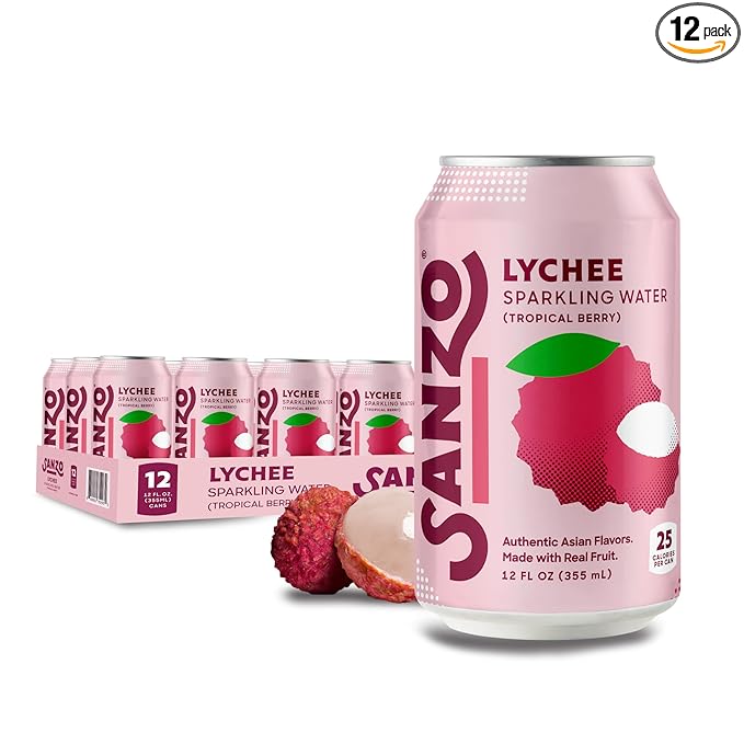 Sanzo Flavored Sparkling Water - Tropical Berry Seltzer (Lychee) - Low Calorie Low Sugar Soda - Craft Asian Drinks - Vegan Gluten Free Carbonated Flavored Water - Fizzy Healthy Drinks - 12oz, 12 Pack