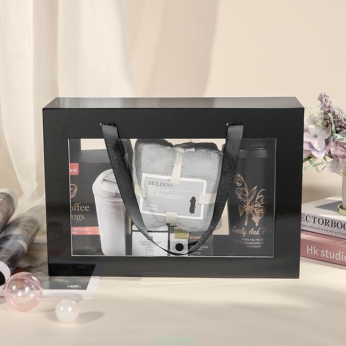 Large Black Clear Gift Box, 14x9x4.1 Inches, Window, Handle, Collapsible, Magnetic Closure, Groomsman Proposal, Bridal Shower, Valentine's Day, Anniversary, Birthday, Business Gifts, 1 Pack