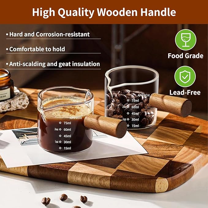 YARRAMATE 3.4oz Espresso Shots Cup with Wood Handle, Clear Glass Espresso Measuring Cup with Dual Scale, Shot Glass with Single Spout