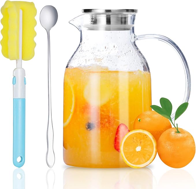 Glass Water Pitcher with Lid and Spout, 68 Ounces Heat Resistant Borosilicate Glass Carafe with Brush and Mixing Spoon, Temperature Safe