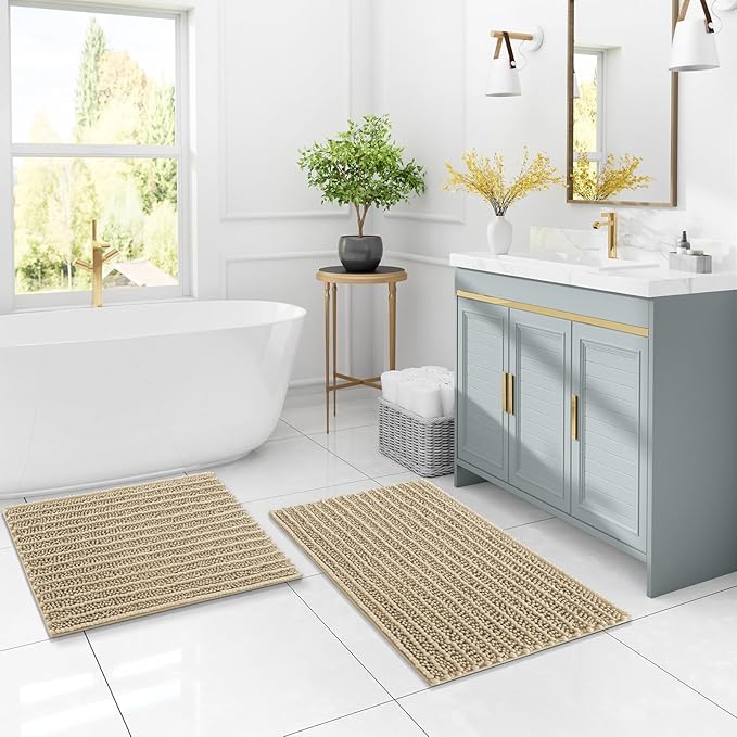 Arotive Luxury Chenille Bathroom Rug Mat, Extra Soft Thick Absorbent Shaggy Bath Rugs, Non-Slip Machine Wash Dry, Plush Bath Mats for Bathroom, Shower and Tub, 50x30, Beige
