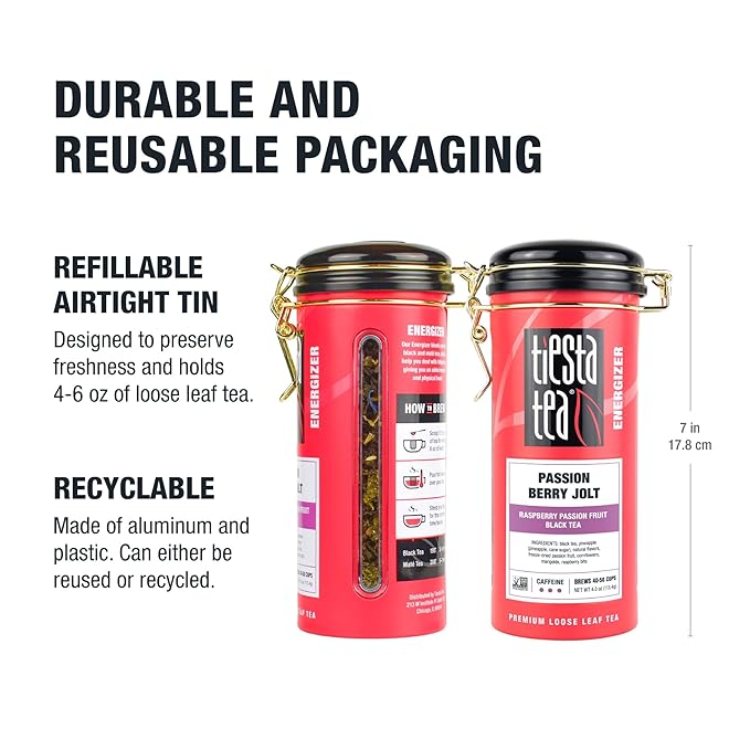 Tiesta Tea - Passion Berry Jolt, Loose Leaf, Raspberry Passion Fruit Black Tea, Premium High Caffeinated Black Blend, Make Hot or Iced, 16oz Bulk Pouch & 4oz Refillable Tin Combo