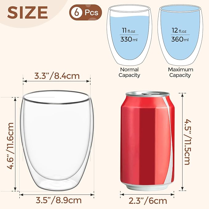 ComSaf Glass Coffee Mugs Set of 6, Double Wall Insulated Thermal Cups 12oz, Clear Glass Coffee Cup for Tea/Juice/Milk, Latte Cappucino Espresso mug Glassware Gift for Christmas Birthday