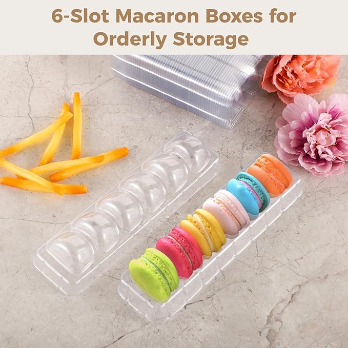 50 PCS Macaron Boxes, 6-Slot Dessert Cases for Macarons Small Cakes, Clear Plastic Macaron Storage Containers, Macaroon Packaging Display Trays for Cookie Wedding Party Gifts （8.9 x 2.0 x2.6in）