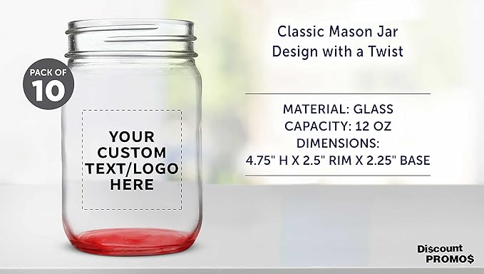 DISCOUNT PROMOS Custom Decorating Mason Jars 12 oz. Set of 10, Personalized Bulk Pack - Glass Jars for Overnight Oats, Candies, Fruits, Pickles, Spices, Beverages - Red