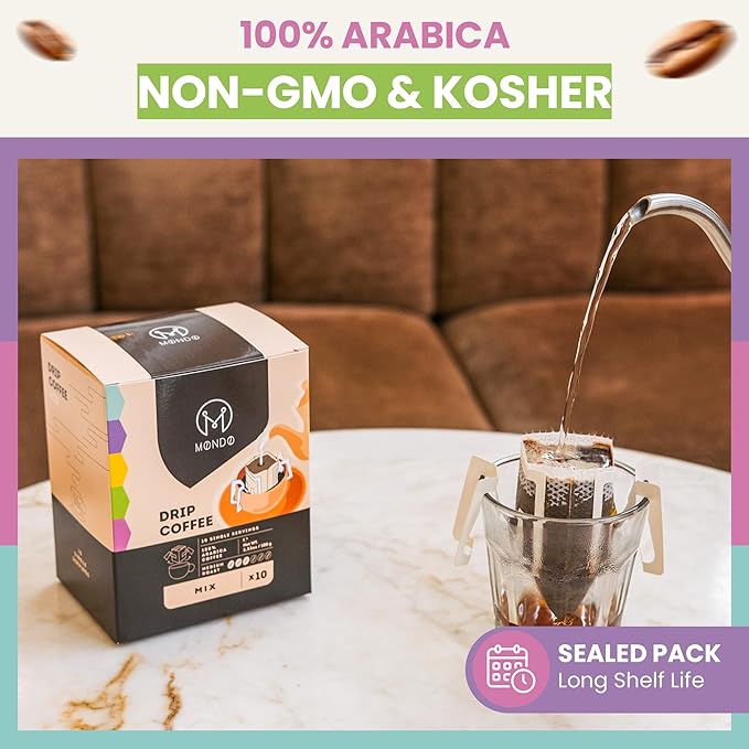 Mondo Drip Coffee Mix (10-Pack Variety), Single Serve Pour Over Filter Bags, Pre-Filled 100% Arabica, Medium Roast