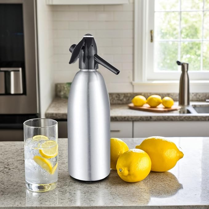 1L Portable Home Soda Maker – Aluminum Soda Siphon, Vintage Seltzer Bottle for DIY Homemade Carbonated Drinks, Sparkling Water Maker for Healthy Soda Water & Cocktails (Silver)